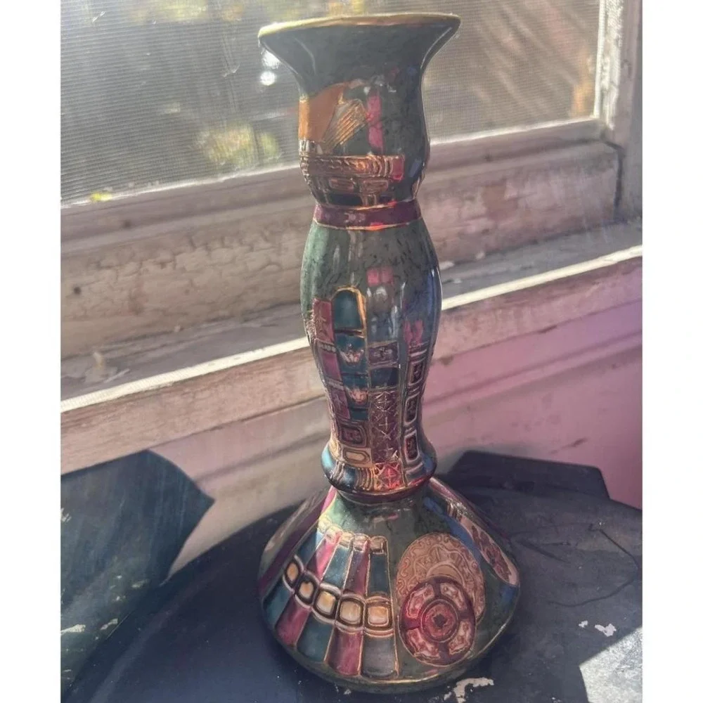 Decorative Porcelain Candlestick Holder Gilt Green Multicolor Asian Motif Enamel